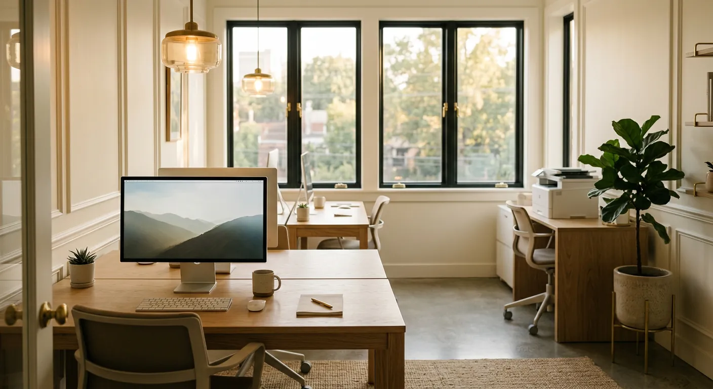 A bright small office with oak desks and monitors